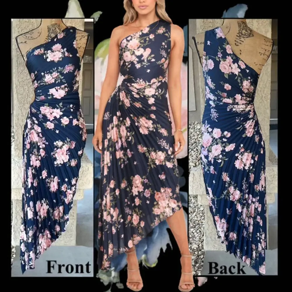 Petal & Pup Pleated Navy Floral One Shoulder Kleo Maxi Dress Size S - Picture 1 of 14